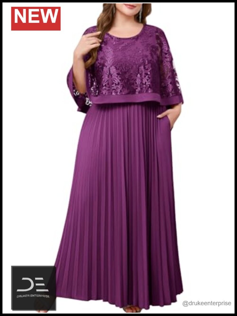Sassique Plus Size Embroidered Cape A-Line Formal Dress with Pockets